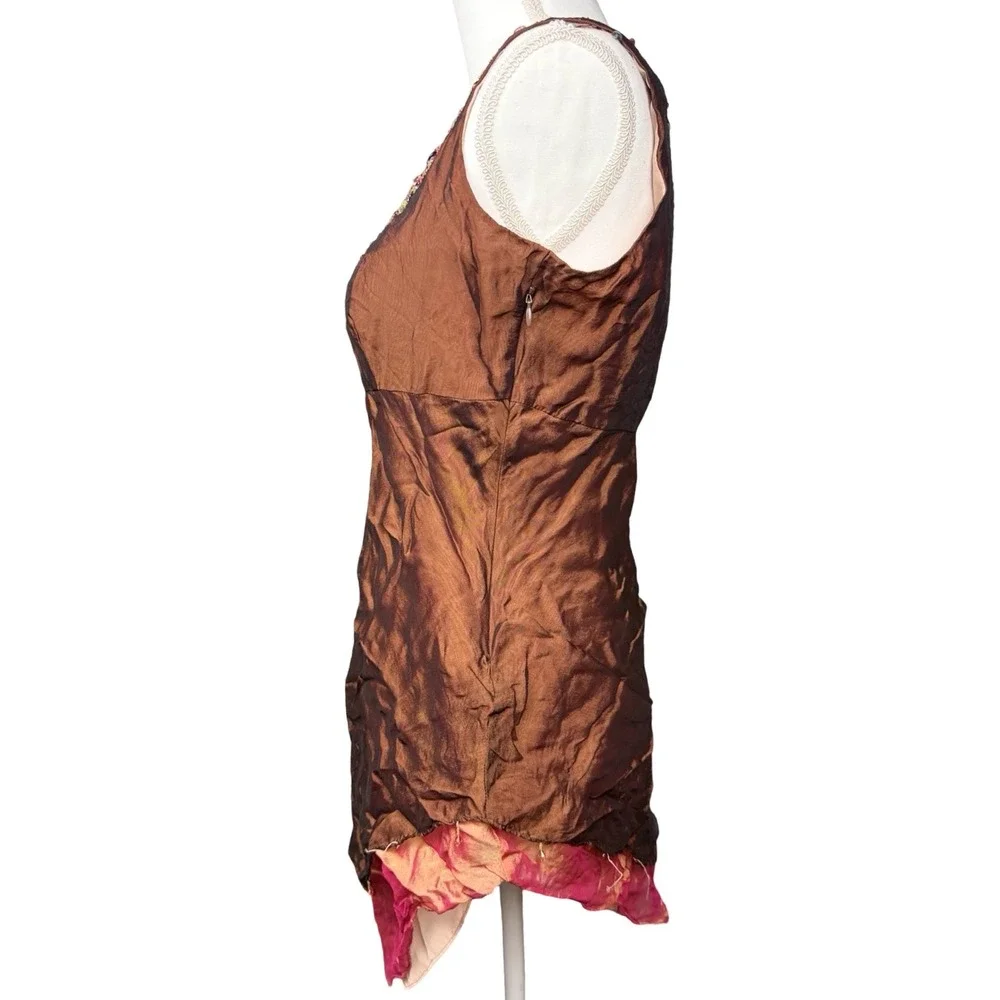 Y2K Fairy Grunge Beaded Handkerchief Hem Silk Tank Top Boho Brown Small - Picture 2 of 9